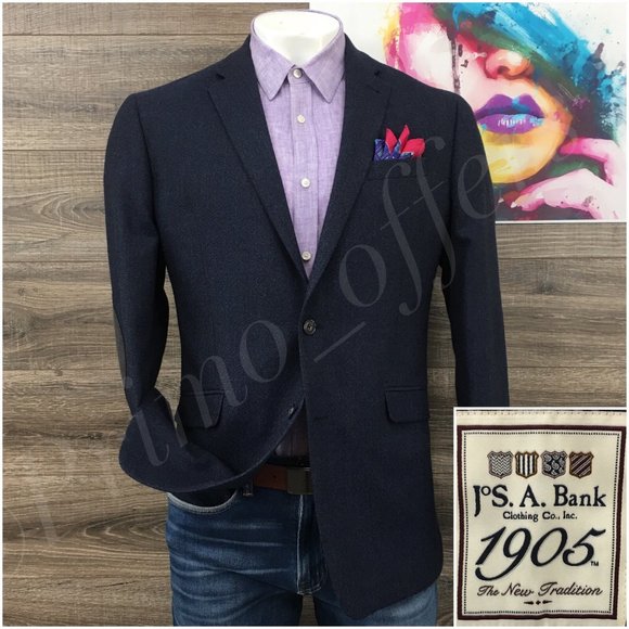 Jos A Bank Mens Blazer Sport Coat‎ Two Button Jacket Wool 42L Casual Suits Blue